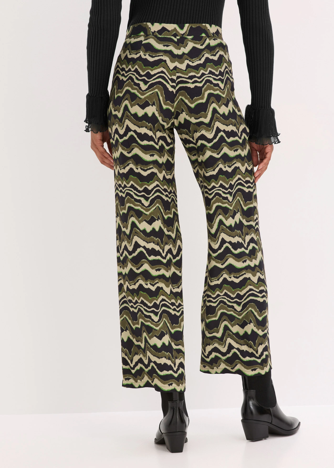 Spodnie palazzo z lekkiej krepy z wiskozą • ciemnooliwkowy z nadrukiem • sklep bonprix