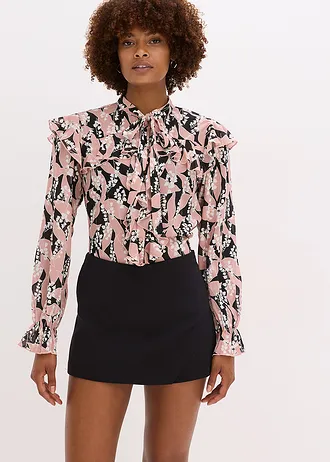 Šifónová halenka s volány • černo-růžovohnědá s květy • bonprix obchod