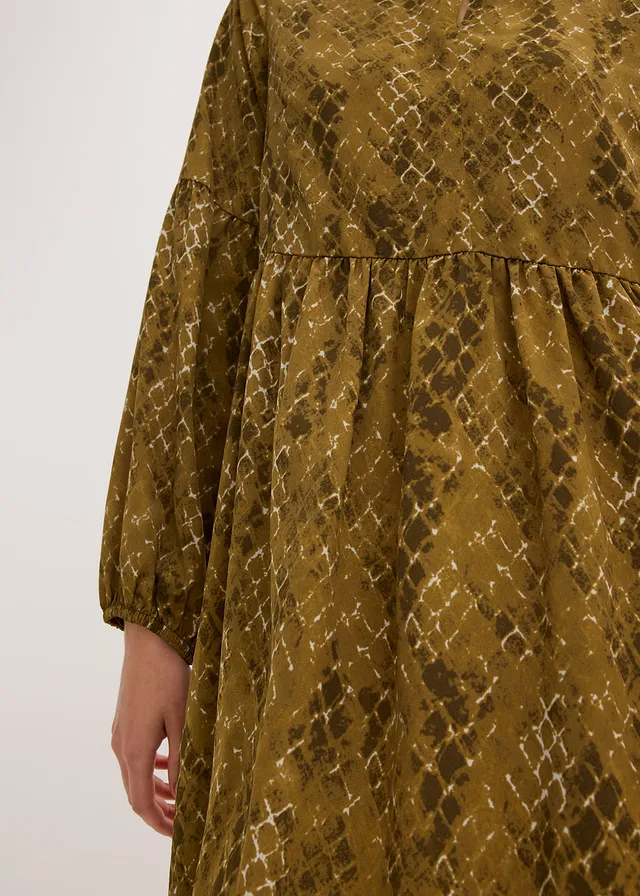 Midi jurk van soepelvallend satijn • olijfgroen-mistelgroen gedessineerd • product-page.page-title-suffix