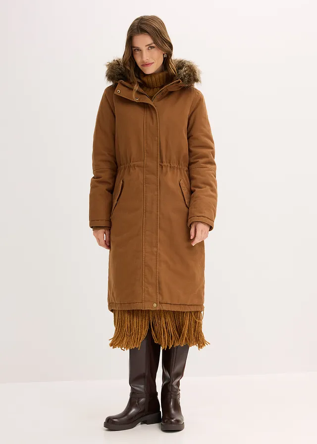 Parka longue et rembourrée, Couleur: cognac