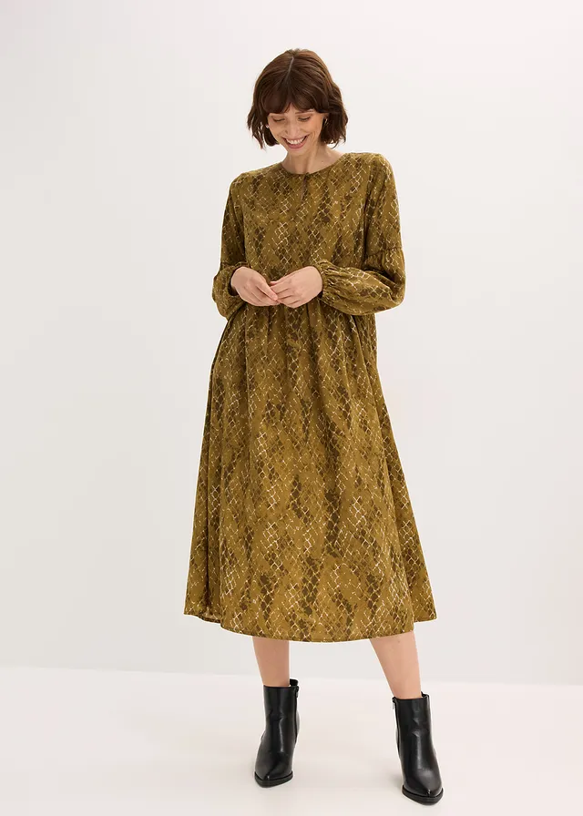 Robe midi en satin fluide • olive-vert gui imprimé • product-page.page-title-suffix