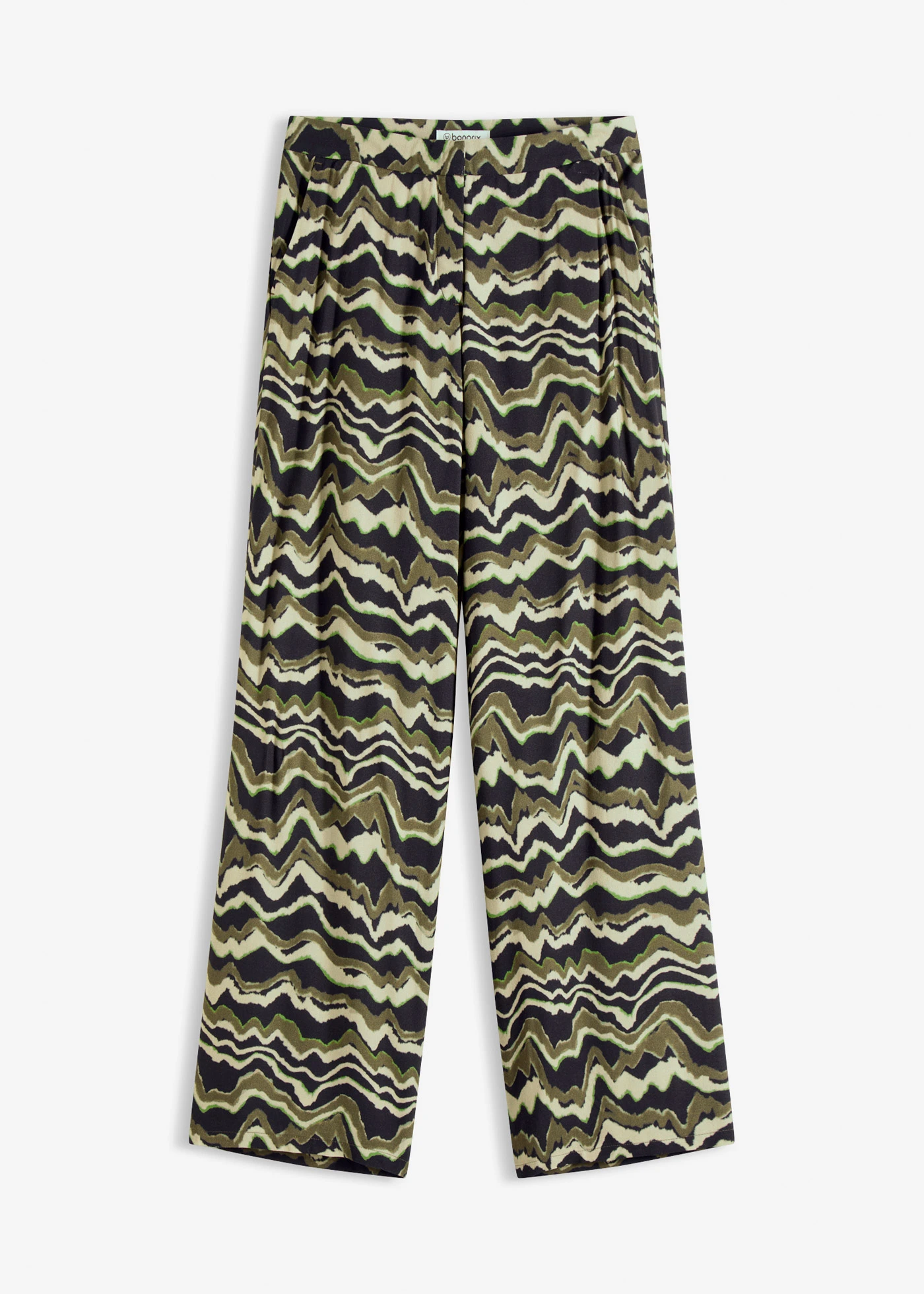 Spodnie palazzo z lekkiej krepy z wiskozą • ciemnooliwkowy z nadrukiem • sklep bonprix