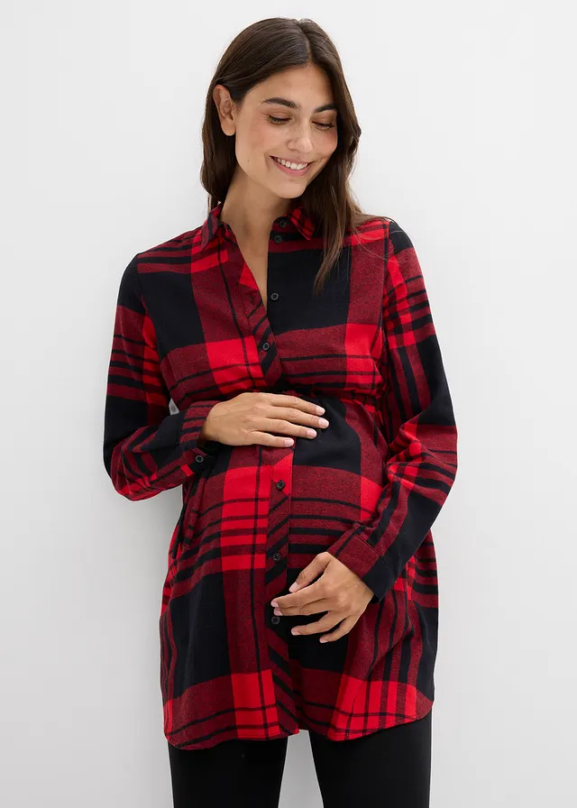 Chemisier long de grossesse/allaitement en flanelle, Couleur: rouge salsa-noir carreaux