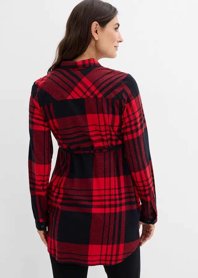 Chemisier long de grossesse/allaitement en flanelle, Couleur: rouge salsa-noir carreaux