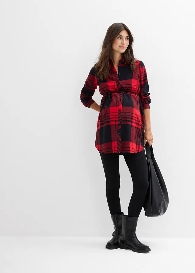 Chemisier long de grossesse/allaitement en flanelle, Couleur: rouge salsa-noir carreaux