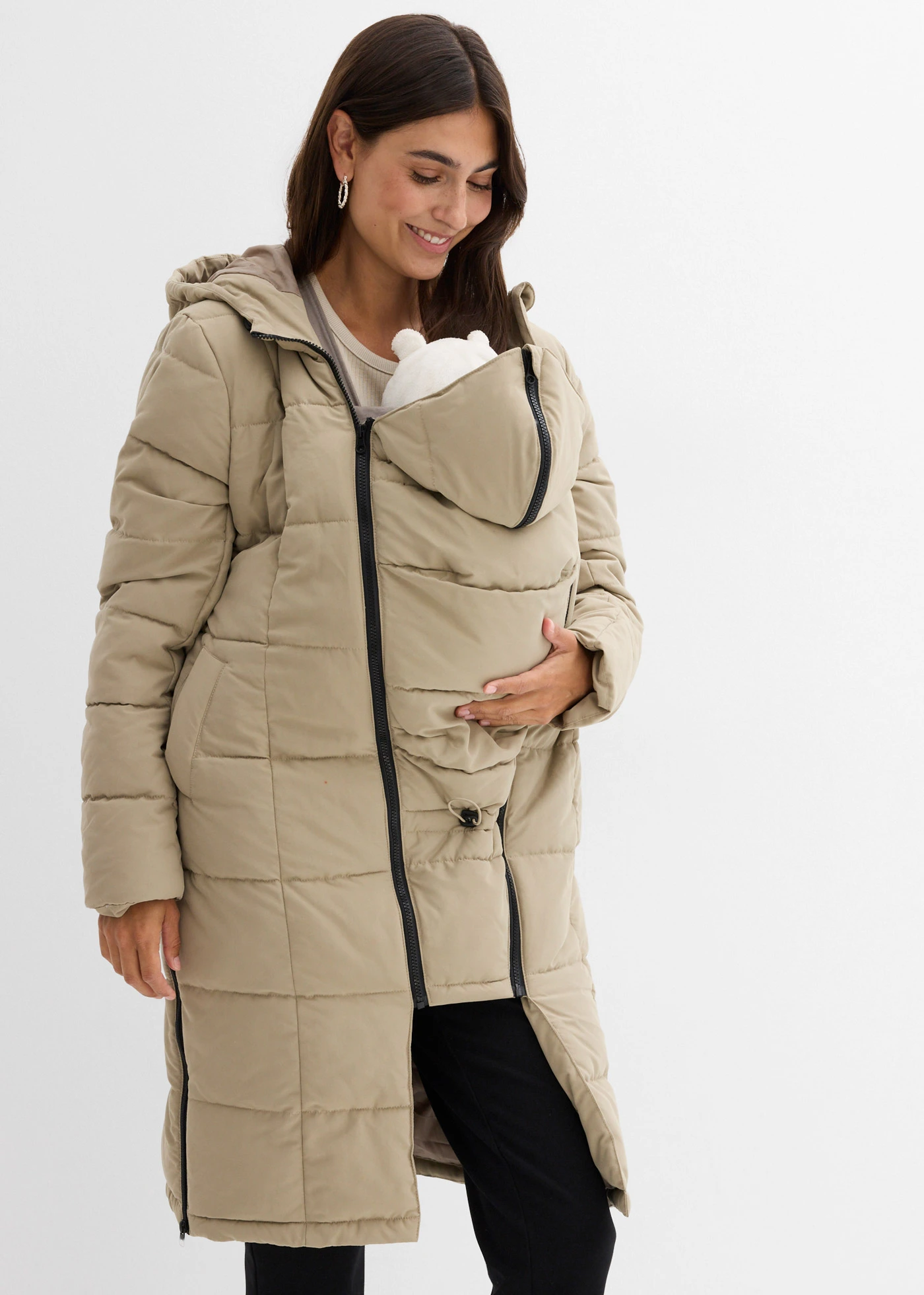 Pikowany płaszcz ciążowy 3w1 z wstawką na nosidełko, z poliestru z recyklingu • khaki • sklep bonprix