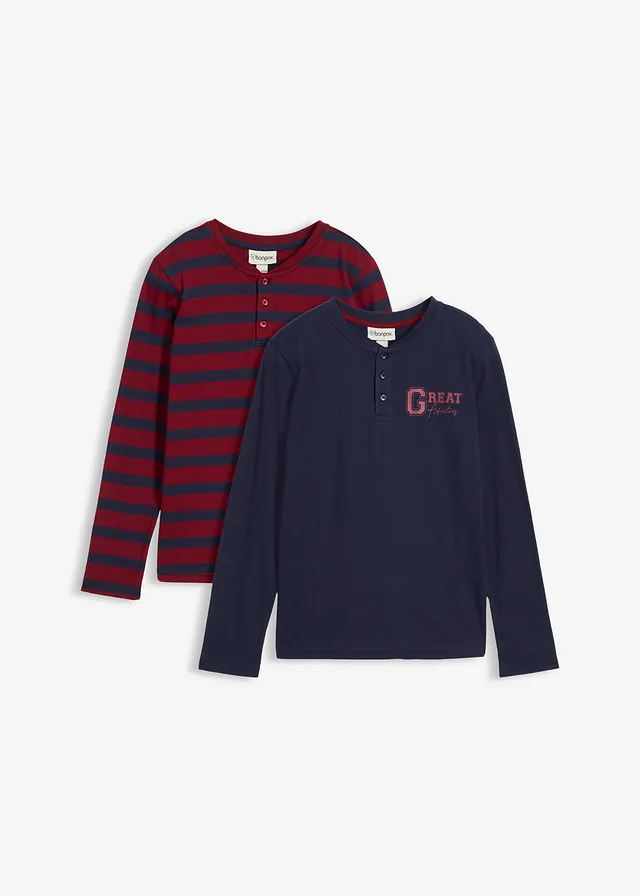 Lot de 3 T-shirts col tunisien 100% coton, Couleur: bleu foncé+rouge prune rayé