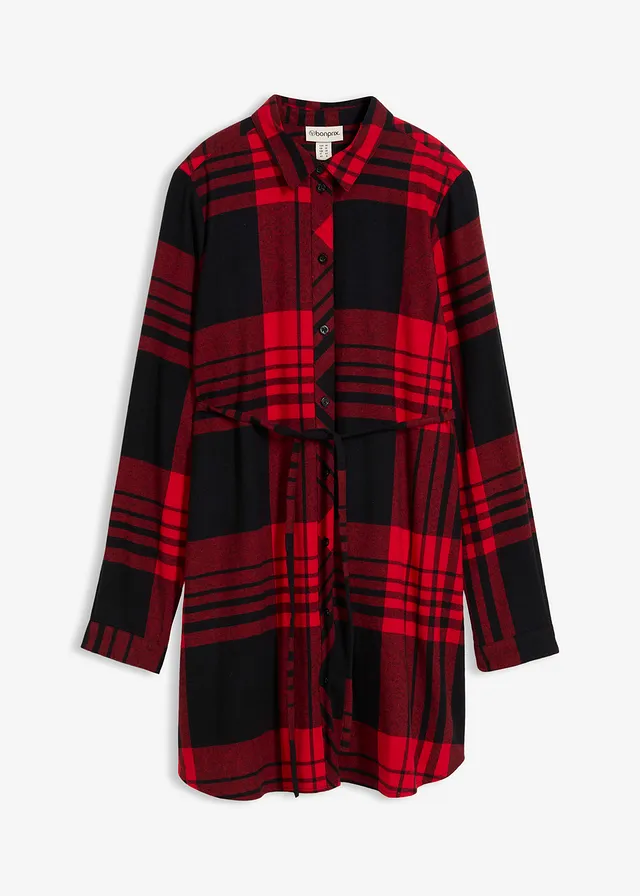 Chemisier long de grossesse/allaitement en flanelle, Couleur: rouge salsa-noir carreaux