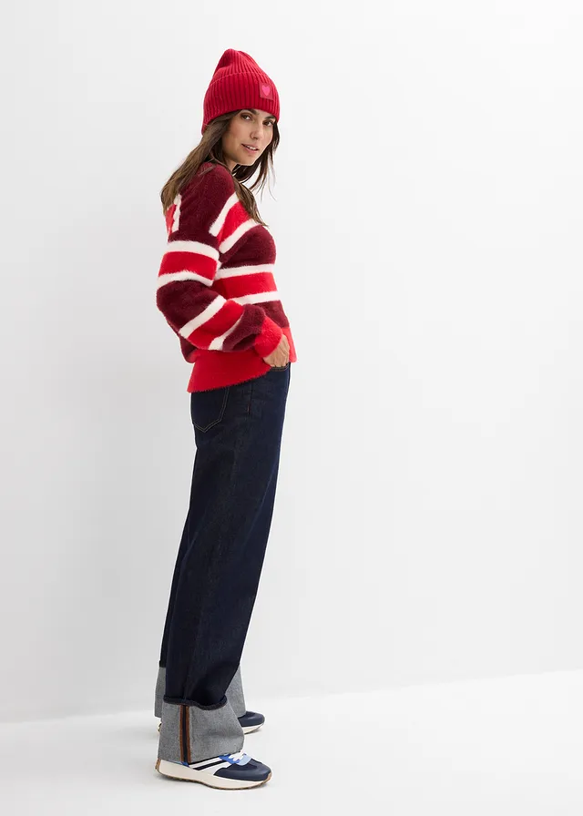 Pull oversize • rouge rubis-rouge-écru rayé • product-page.page-title-suffix