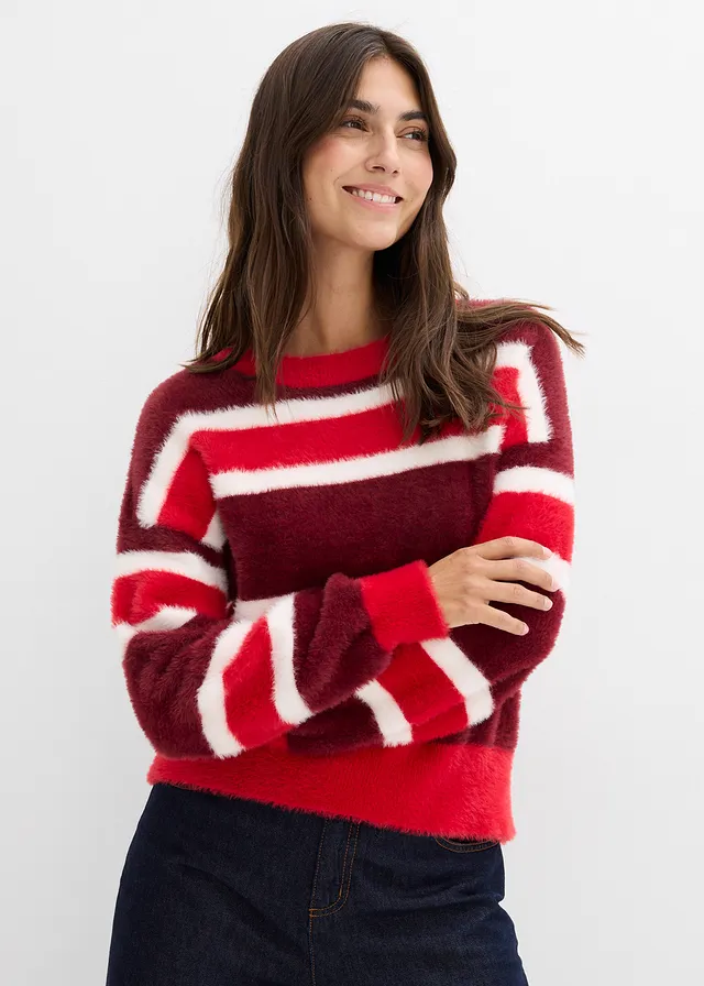 Pull oversize • rouge rubis-rouge-écru rayé • product-page.page-title-suffix