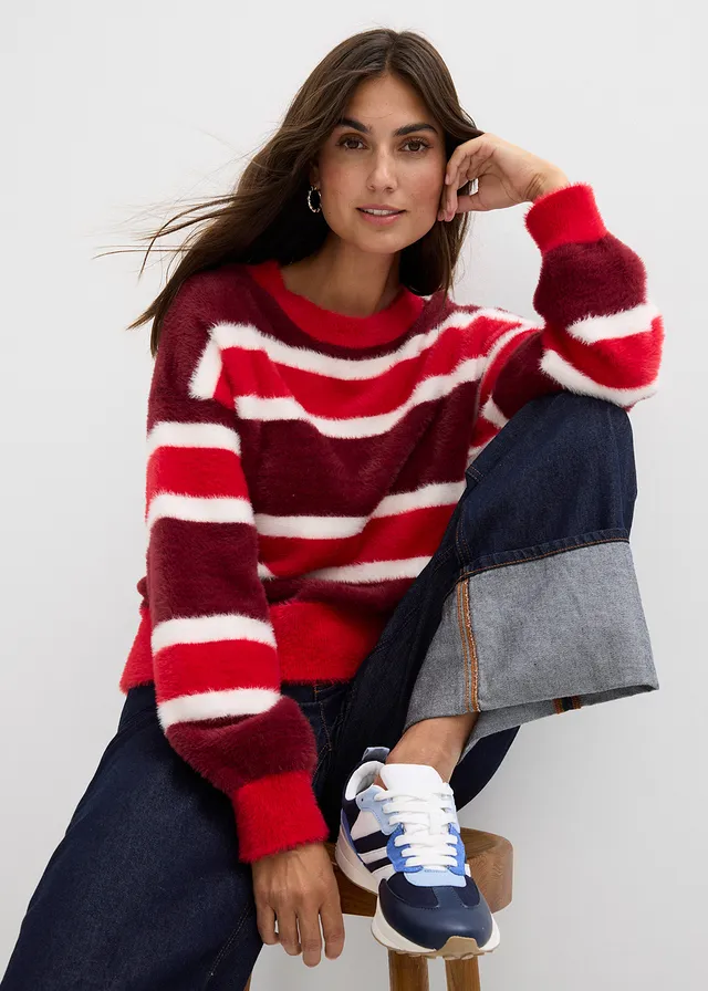 Pull oversize • rouge rubis-rouge-écru rayé • product-page.page-title-suffix