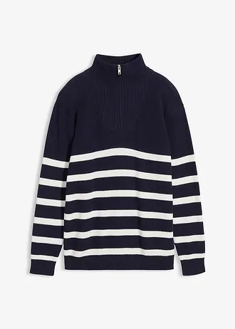 Sweter z cienkiej dzianiny z kołnierzem zapinanym na zamek, z czystej bawełny