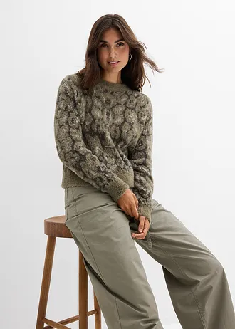 Pull en maille fine et poilue toute douce • olive foncé léopard • Boutique bonprix