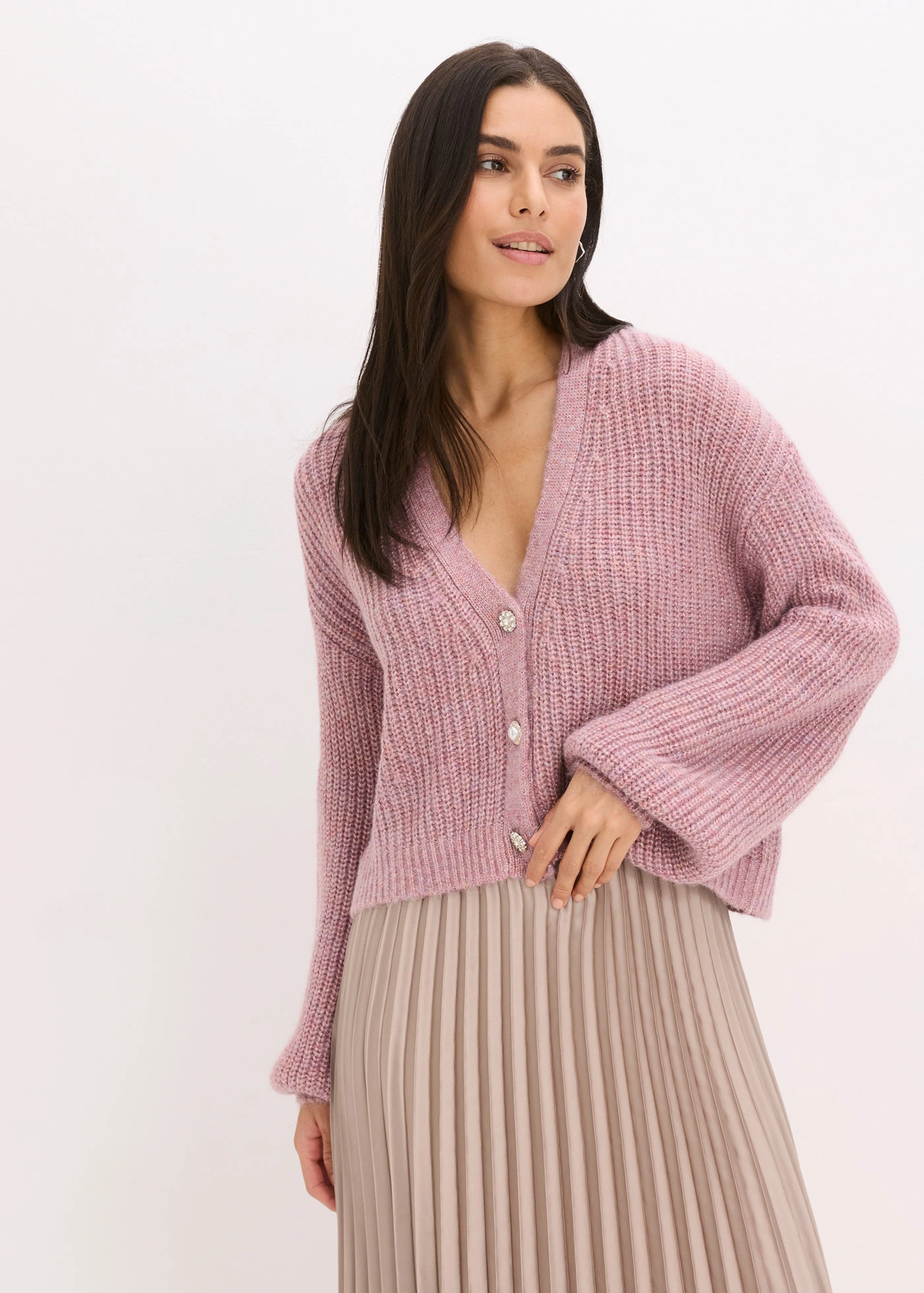 Krátký pletený kabátek s třpytivou přízí a podílem vlny • růžový melír • bonprix obchod