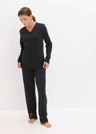 Pyjama en coton doux rehaussé de dentelle • noir • Boutique bonprix