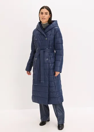 Waterafstotende lange gewatteerde jas met imitatiewolkraag en strikceintuur (2-dlg.), Kleur: donkerblauw