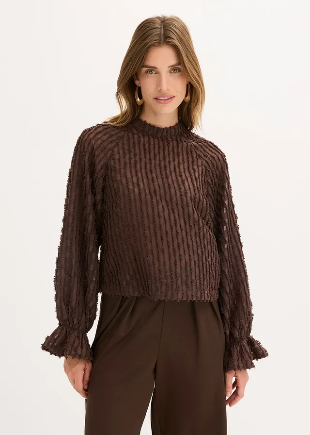 Blouse van gestructureerd materiaal, Kleur: donkerbruin