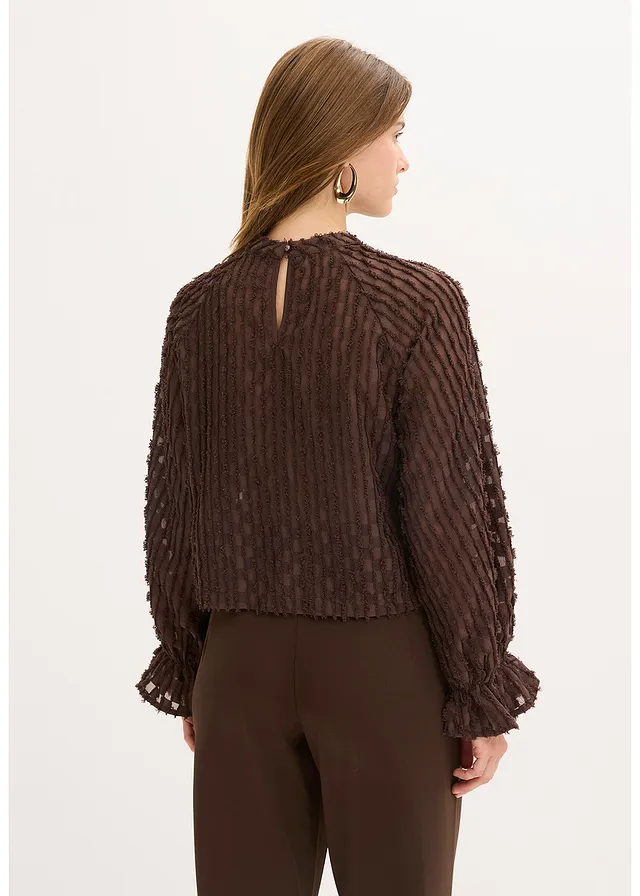 Blouse van gestructureerd materiaal, Kleur: donkerbruin