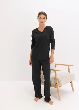 Pyjama en coton doux rehaussé de dentelle • noir • Boutique bonprix