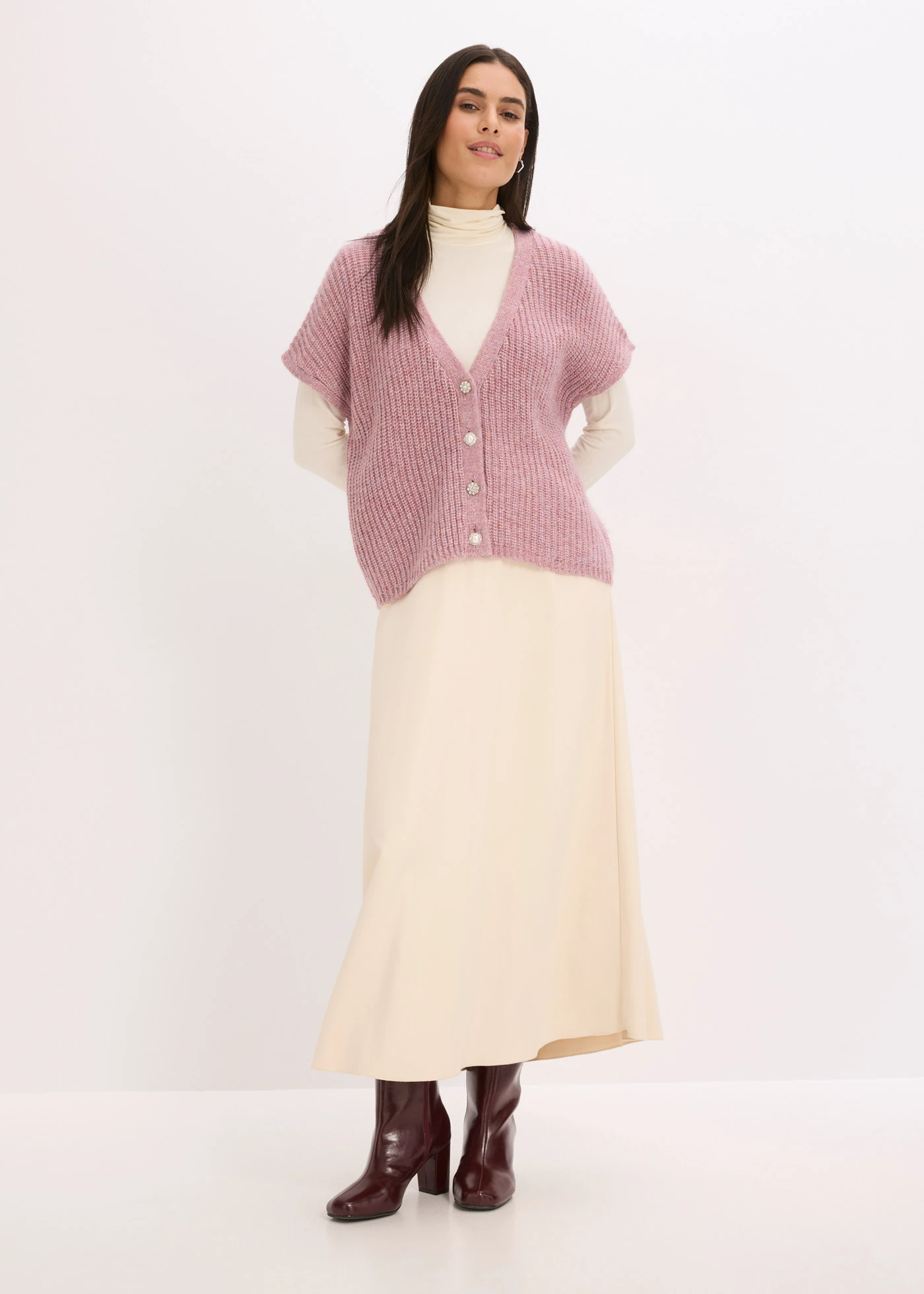 Gilet sans manches en laine mélangée avec boutons décoratifs • rose chiné • Boutique bonprix