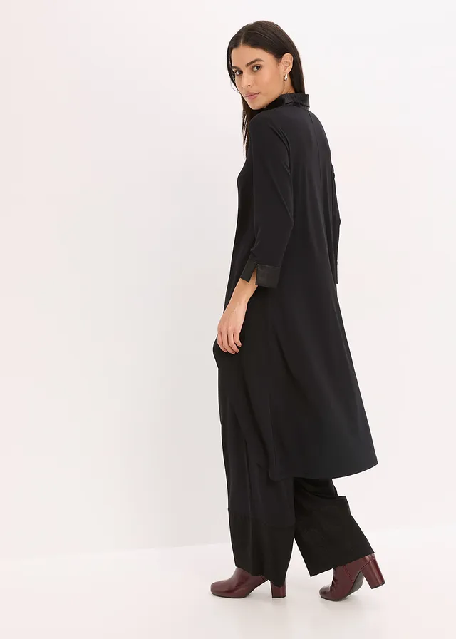 Chemisier en jersey à empiècements en satin, Couleur: noir