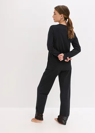 Pyjama en coton doux rehaussé de dentelle • noir • Boutique bonprix