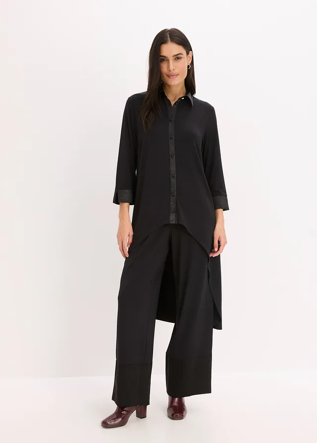 Jersey blouse met satijnen versieringen, Kleur: zwart