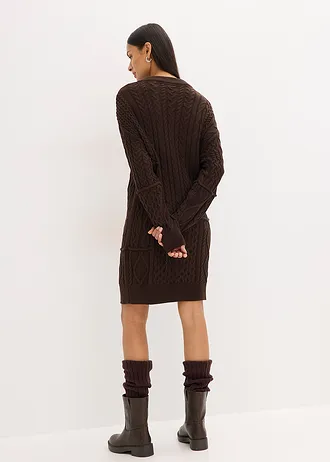 Gebreide jurk met kabelpatroon, Kleur: donkerbruin