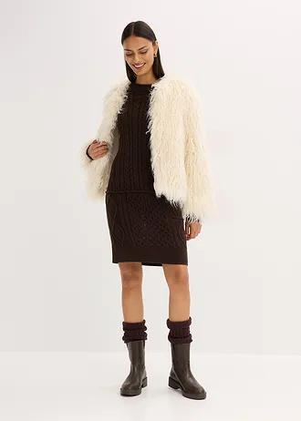 Gebreide jurk met kabelpatroon, Kleur: donkerbruin