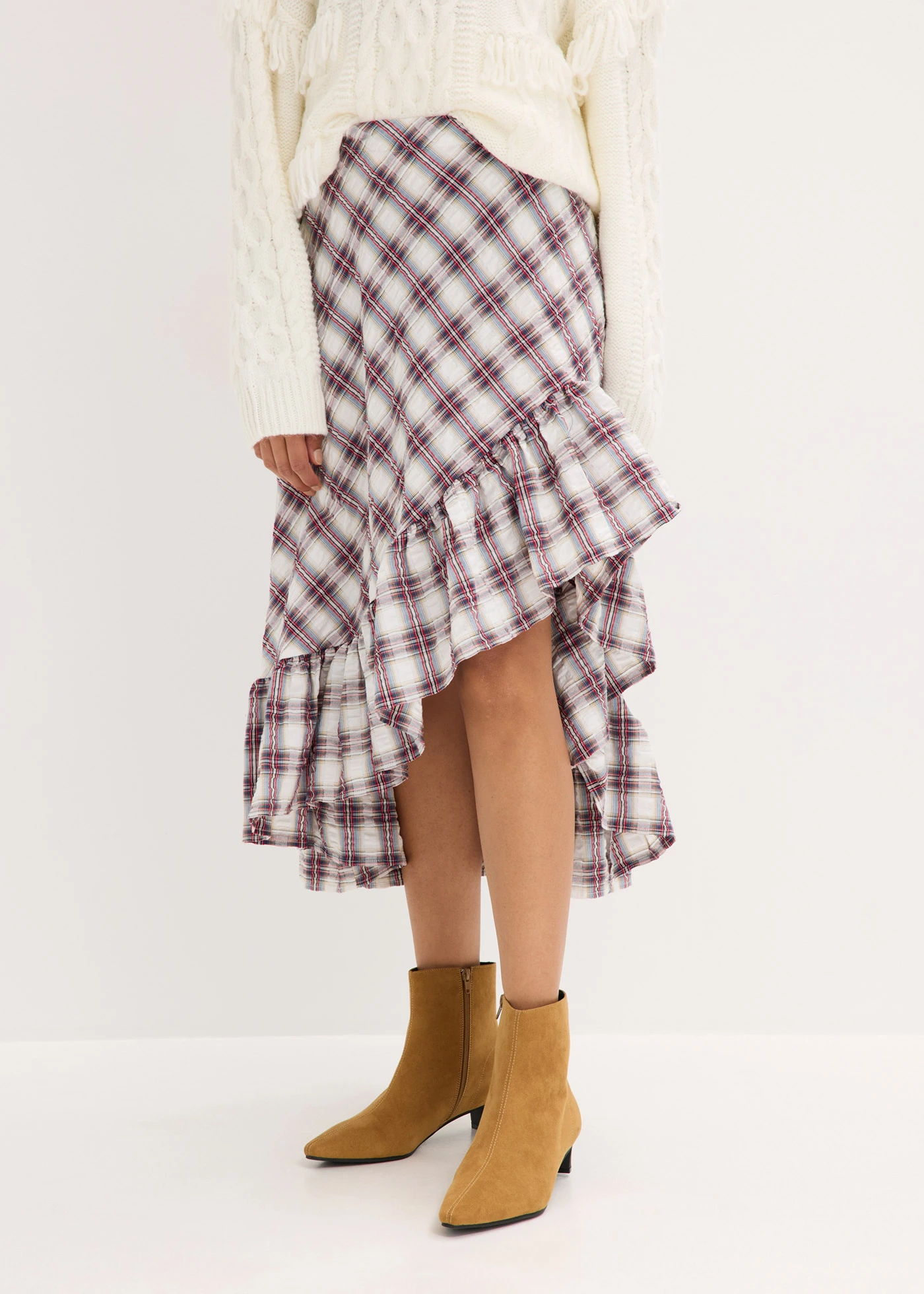 Vokuhila szoknya • gyöngyfehér kockás koptatott • bonprix áruház