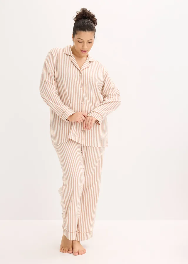 Pyjama en flanelle avec pochette cadeau, Couleur: sorbet chocolat/écru rayé