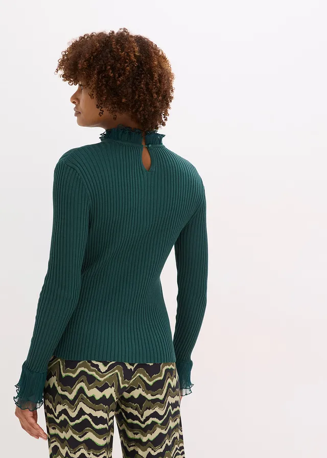 T-shirt manches longues en fine maille avec volants en mousseline • vert profond • product-page.page-title-suffix