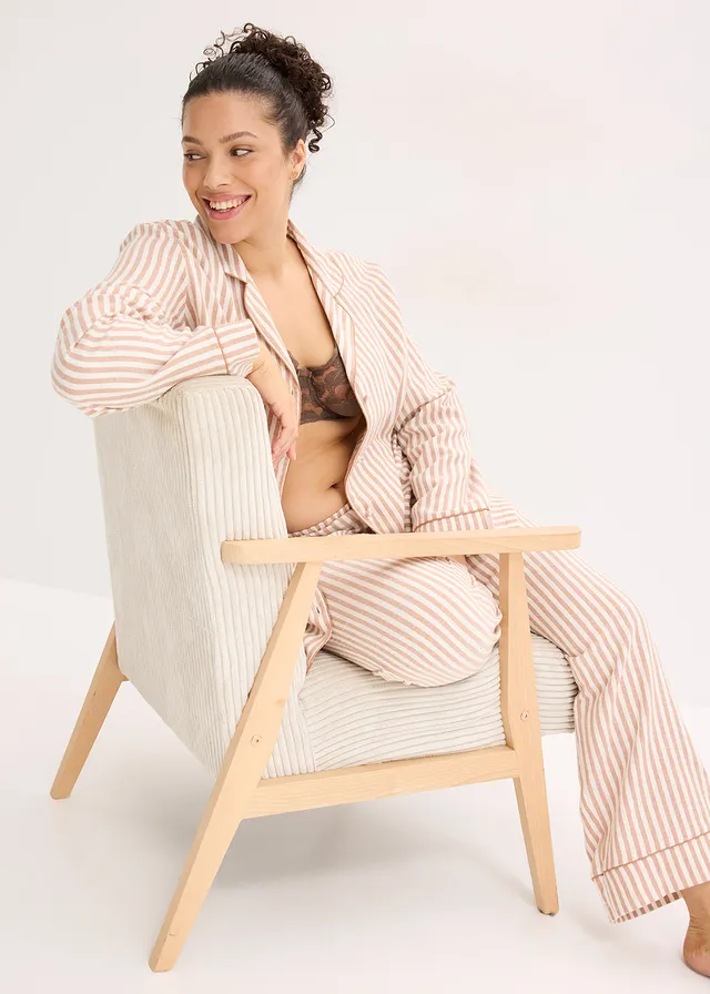 Pyjama en flanelle avec pochette cadeau, Couleur: sorbet chocolat/écru rayé