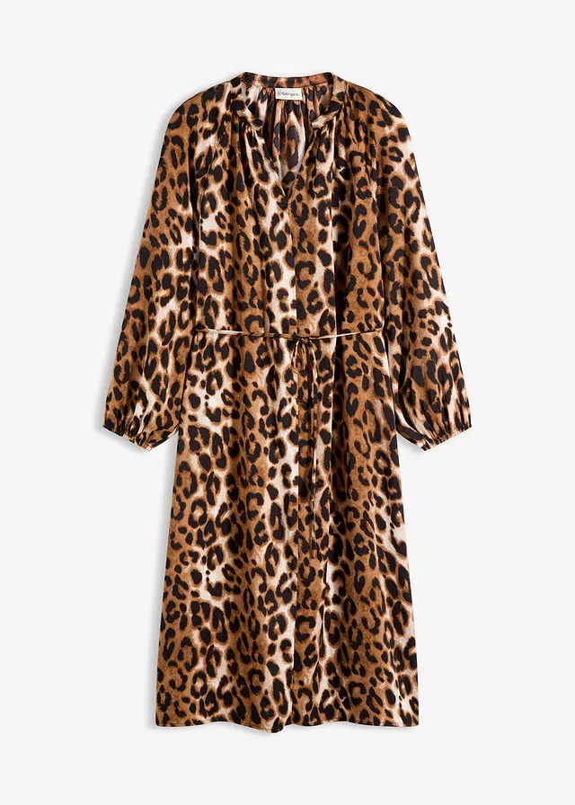Midi šaty ze splývavého saténu • hnědá s leopardím potiskem • bonprix obchod
