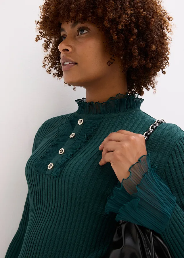 T-shirt manches longues en fine maille avec volants en mousseline • vert profond • product-page.page-title-suffix