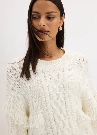 Oversize svetr s třásněmi • perlově bílá • bonprix obchod