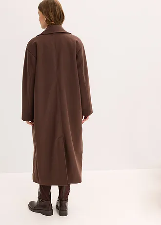 Lange oversized jas in wollen look, Kleur: donkerbruin