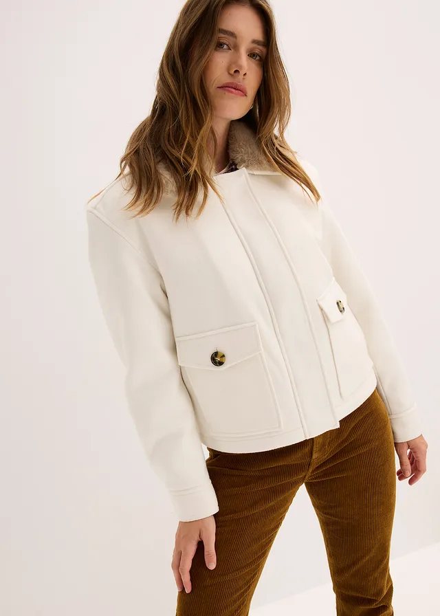 Winterjas in wollen look parelwit