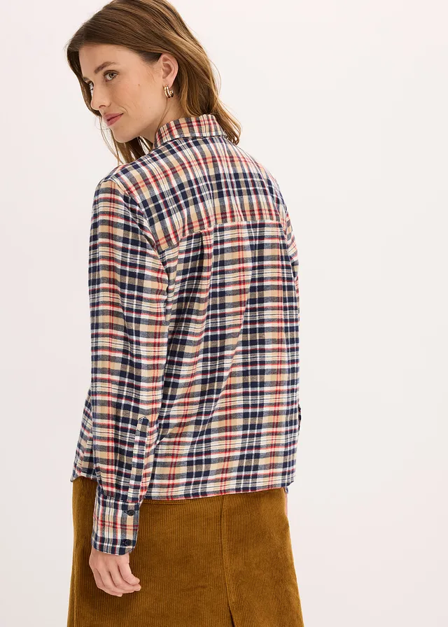 Chemise en flanelle 100% coton, Couleur: blanc nacré-bleu encre-kaki clair-rouge lave carreaux