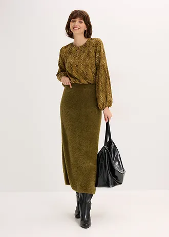 Pletená sukně z měkoučké péřové příze • zemitá olivová • bonprix obchod