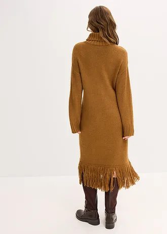 Pletené šaty s třásněmi na lemu, barva: koňakově hnědá