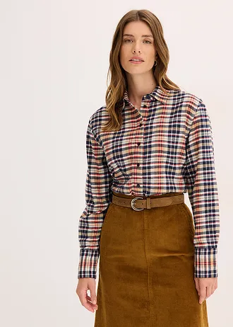 Flanelová košile z čisté bavlny • perlově bílo-inkoustově modro-světlá khaki-lávově červená kostka • bonprix obchod