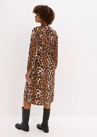 Midi šaty ze splývavého saténu • hnědá s leopardím potiskem • bonprix obchod