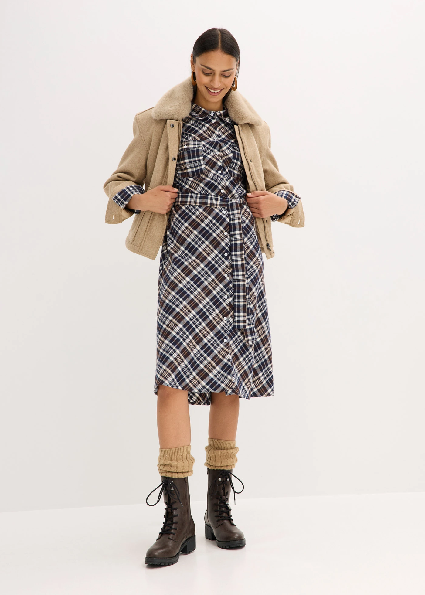 Košilové šaty z měkkého flanelu • tmavě hnědá kostka • bonprix obchod