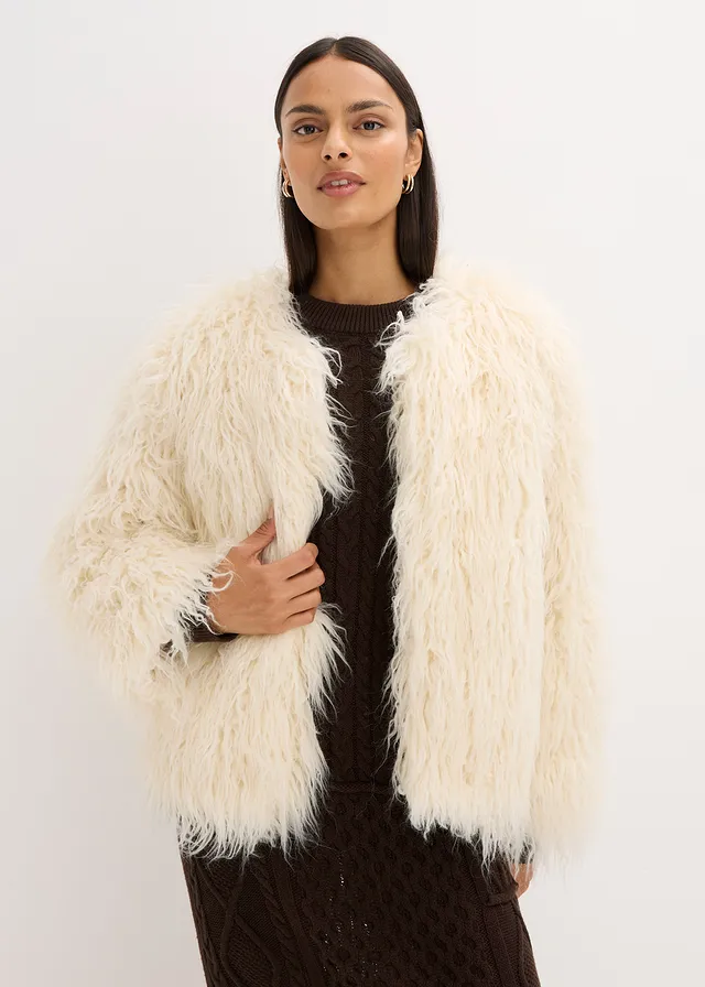 Oversized imitatie bontjas, Kleur: parelwit