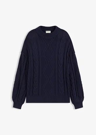 Oversized trui met kabelpatroon, Kleur: inktblauw