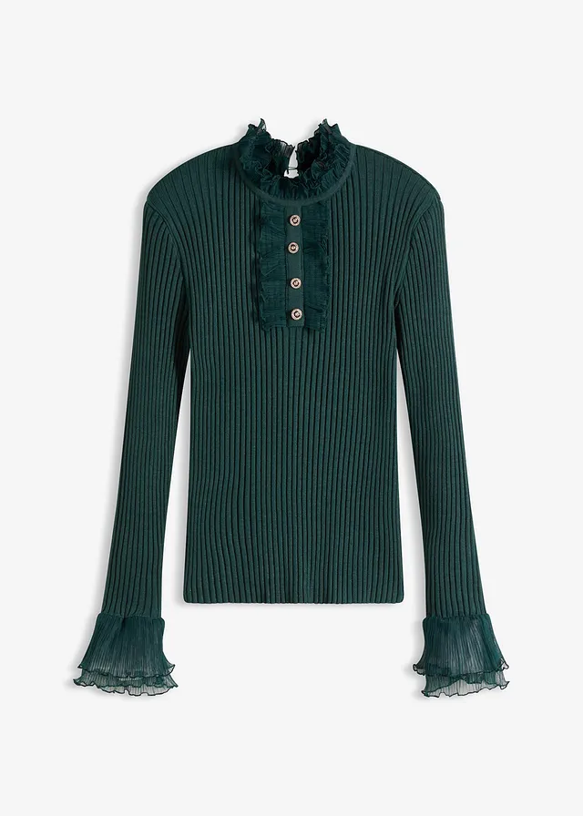 T-shirt manches longues en fine maille avec volants en mousseline