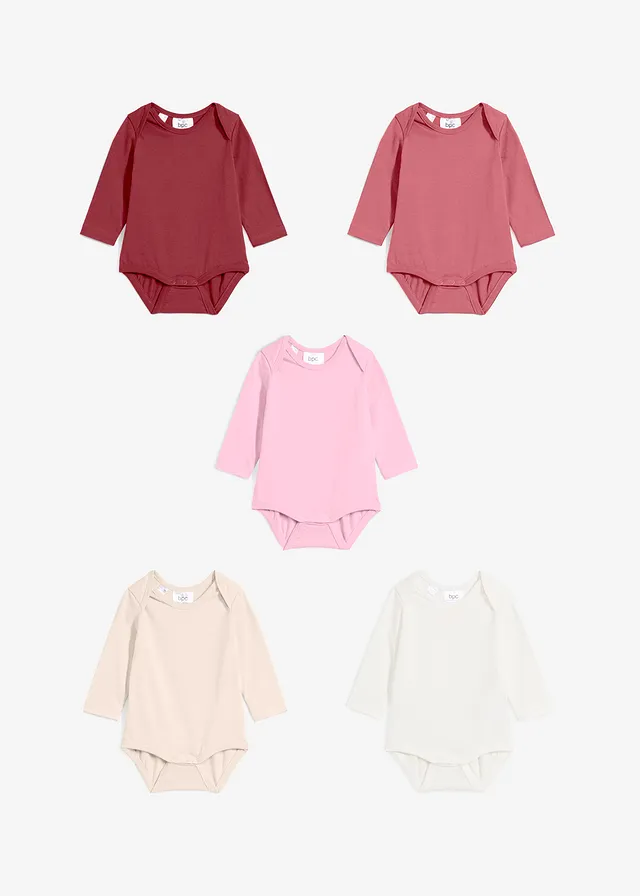 Baby rompertje van biologisch katoen, lange mouw (set van 5), Kleur: granaatappel+antiek bessen+kristalroze+natuurbeige+wolwit