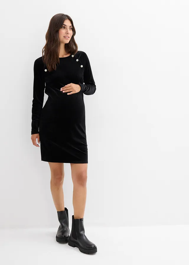 Robe festive de grossesse et d’allaitement en velours doux, Couleur: noir