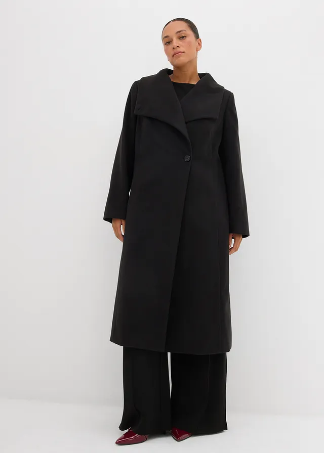 Lange jas in wollook, Kleur: zwart